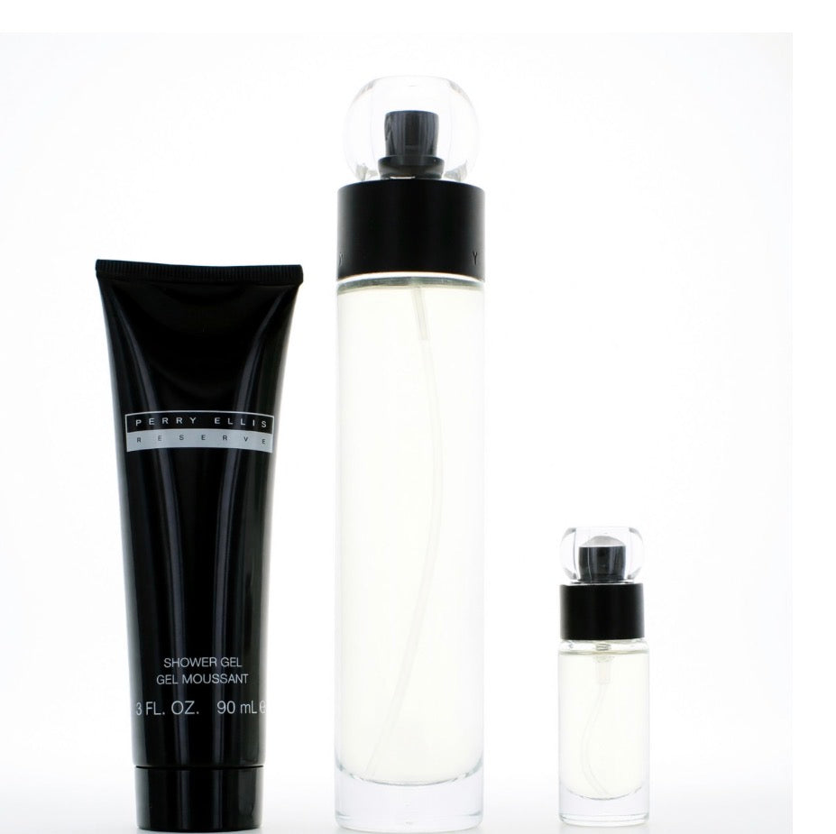 SET PERRY ELLIS RESERVE MEN ( 3 PC SET ) 3.4 OZ. EDT / 3.0 OZ. GEL / MINI - CANISTER