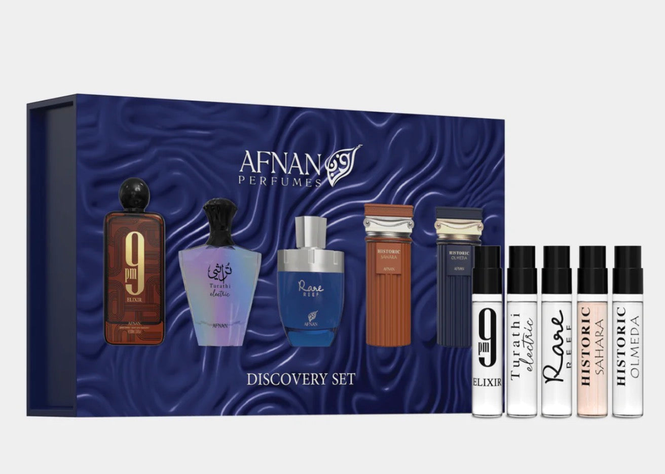 MINI SET AFNAN DISCOVERY FOR MEN  ( 5 PC )X0.068 OZ EDP SP 9PM ELIXIR/TURATHI ELECTRIC/RARE REEF/HISTORIC SAHARA/HISTORIC OLMEDA
