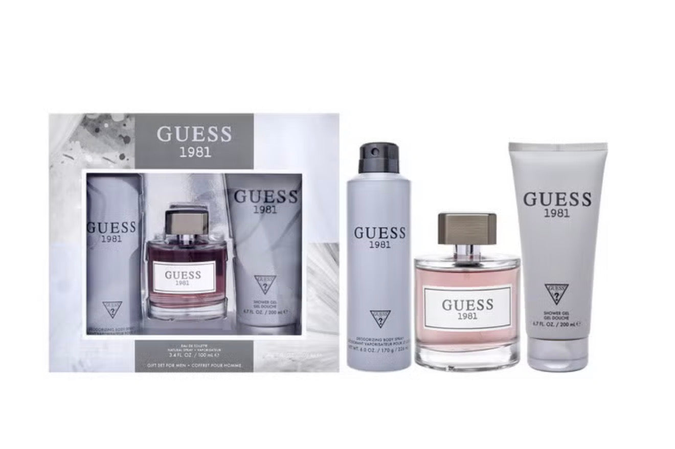 SET GUESS 1981 MEN ( 3PC ) 3.4 OZ EDT SP /6.7 OZ SG /6.0 OZ DEO SPRAY