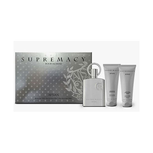 SET AFNAN SUPREMACY SILVER MEN ( 3 PC )3.4 OZ EDP / 3.4 OZ BL / 3.4 OZ SG