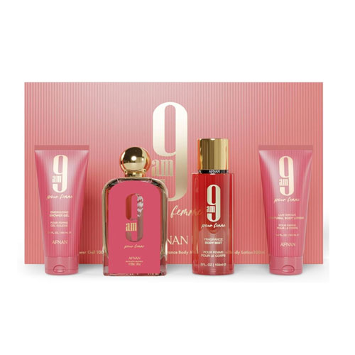 SET AFNAN 9AM FEMME (4 PC)3.4 OZ EDP SP /3.4 OZ S.GEL / 3.4 OZ BL / 5.0 BODY MIST
