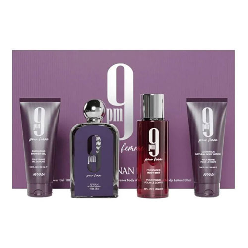 SET AFNAN 9PM FEMME  ( 4 PC ) 3.4 OZ EDP SP / 3.4 OZ SG / 3.4 OZ BL / 5.0 OZ BODY MIST
