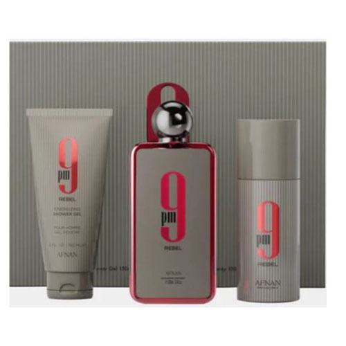 SET AFNAN 9 PM REBEL UNISEX ( 3 PC ) 3.4 OZ EDP SP / 5.0 OZ SG / 5.0 OZ  DEO