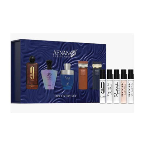 MINI SET AFNAN DISCOVERY FOR MEN  ( 5 PC )X0.068 OZ EDP SP 9PM ELIXIR/TURATHI ELECTRIC/RARE REEF/HISTORIC SAHARA/HISTORIC OLMEDA