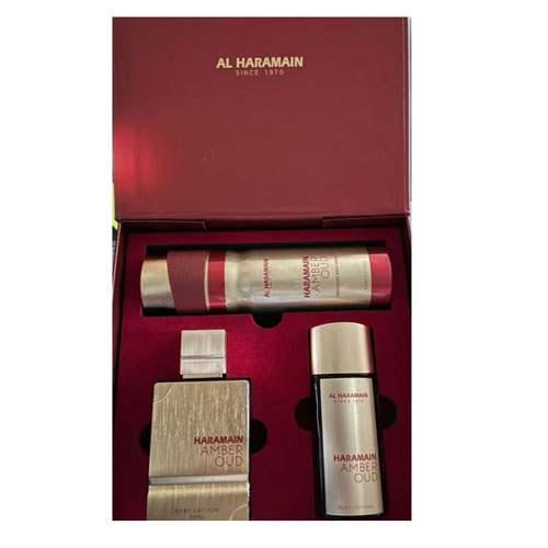 SET AL HARAMAIN AMBER OUD RUBY UNISEX ( 3 PC ) 2.5 OZ /1.0OZ EXTRAIT DE PARFUM/ 6.6 OZ BODY SP
