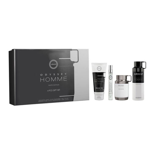 SET ARMAF ODYSSEY WHITE MEN (4 PC ) 3.4 OZ EDP / 0.34 OZ TRAVEL / 3.4 OZ SG / 6.8 BS