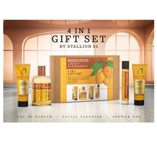 SET EMPER MANGOFIZZ BY STALLION 53 UNISEX (4 PC) 3.4 OZ EDP SP/3.4 OZ SG/3.4 OZ FACIAL CLEANER /0.68 EDP SP