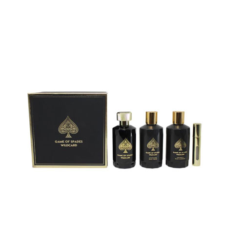 SET JO MILANO GAME OF SPADES WILDCARD ( 4 PC ) 3.4 OZ PARFUM / 6.8 OZ AROMATIC BODY/ 6.8 OZ BODY CREAM / 0.27 OZ REFILLABLE ATOMIZER