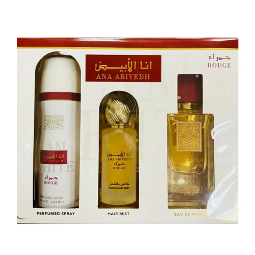 SET LATTAFA ANA ABIYEDH ROUGE UNISEX ( 3 PC ) 2.0 OZ EDP / 6.7 OZ DEO / 1.7 OZ  HAIRMIST