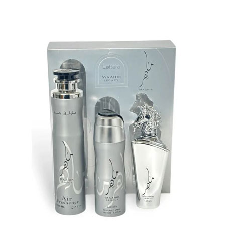 SET LATTAFA MAAHIR LEGACY ( 3 PC )3.4 OZ EDP / 6.76 OZ DEO / 1.7 OZ  AIR FRESHENER