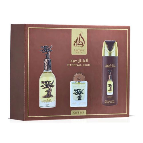 SET LATTAFA  ETERNAL OUD UNISEX ( 3 PC ) 3.4 EDP / 0.68 EDP / PERFUMED SPRAY 6.7 OZ