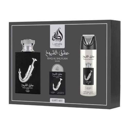 SET LATTAFA ISHQ AL SHUYUKH SILVER UNISEX ( 3 PC ) 3.4 EDP / 0.68 EDP / PERFUMED SPRAY 6.7 OZ