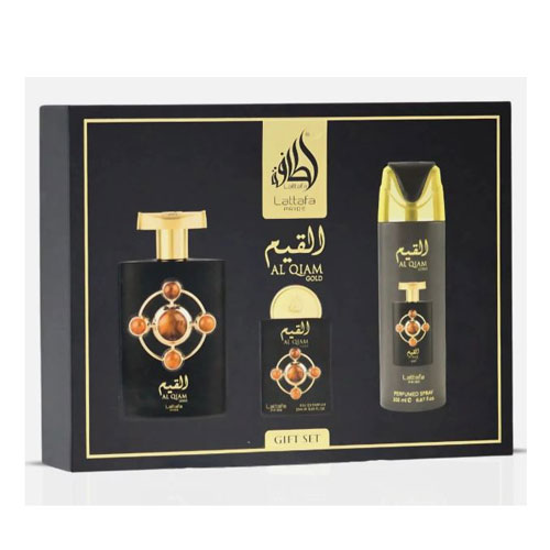 SET LATTAFA  AL QIAM GOLD UNISEX ( 3 PC ) 3.4 EDP / 0.68 EDP / PERFUMED SPRAY 6.7 OZ