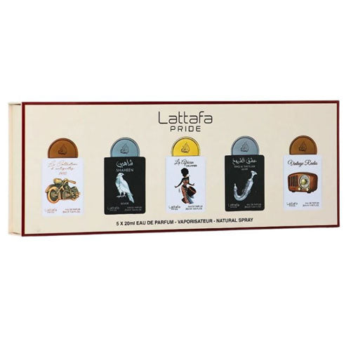 SET LATTAFA PRIDE X0.67 OZ ( 5 PC ) BIKE 1910 / SHAHEEN SILVER /AFRICAN DRUMMER /SHUYUKH SILVER/VINTAGE RADIO
