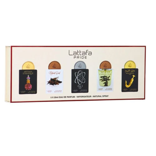 SET LATTAFA PRIDE X0.67 OZ ( 5 PC ) ARTISAN ETHNIQUE/ NATURAL OUD / THARWAH SILVER / ETERNAL OUD / SHUYUKH GOLD