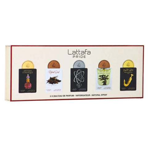 SET LATTAFA PRIDE X0.67 OZ ( 5 PC ) ARTISAN ETHNIQUE/ NATURAL OUD / THARWAH SILVER / ETERNAL OUD / SHUYUKH GOLD