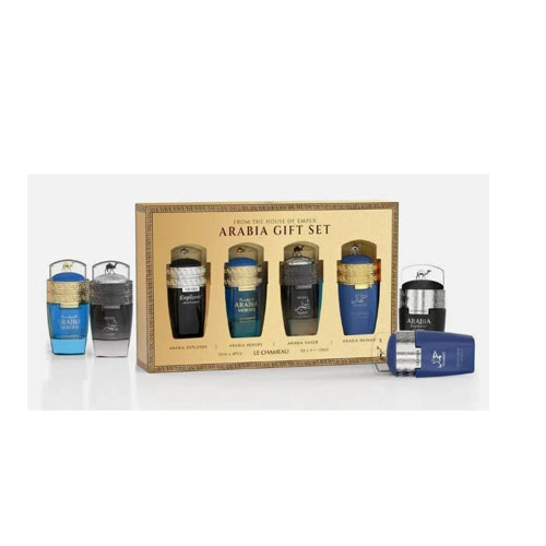 SET LE CHAMEAU ARABIA POUR MEN ( 4 PC ) EXPLORER,HEROES,NASER,HAMAD 0.845 OZ EDP SP