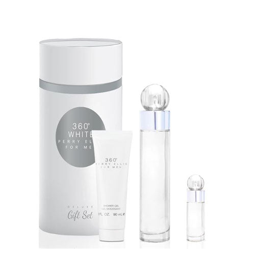 SET PERRY ELLIS 360 WHITE MEN ( 3 PC ) 3.4 OZ EDT /3.0 OZ GEL + MINI -CANISTER