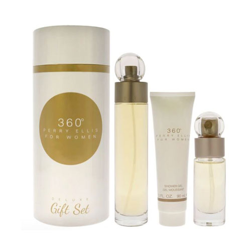SET PERRY ELLIS 360 COLLECTION WOMEN  (3 PC ) 3.4 OZ EDT SP /  3.0 OZ  GEL  / MINI
