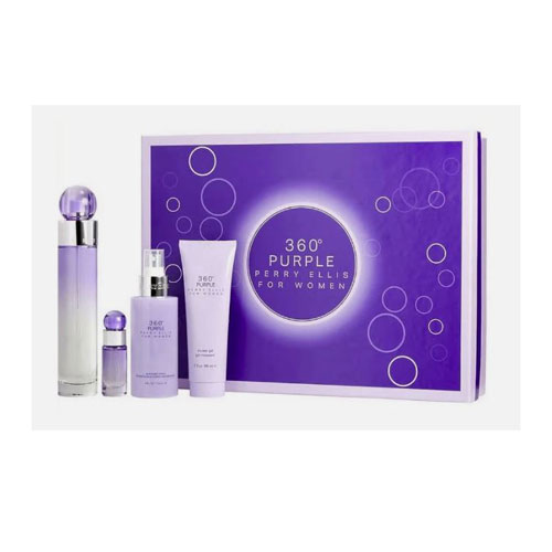 SET PERRY ELLIS 360 PURPLE WOMEN  (4 PC ) 3.4 OZ EDP /4.0 OZ MIST /3.0 OZ SG /MINI