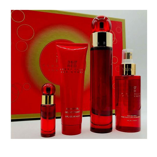 SET PERRY ELLIS 360 RED FOR WOMEN  ( 4 PC ) 3.4 OZ EDT,3.0 OZ SG/4.0 OZ BM /0.25 OZ EDT MINI