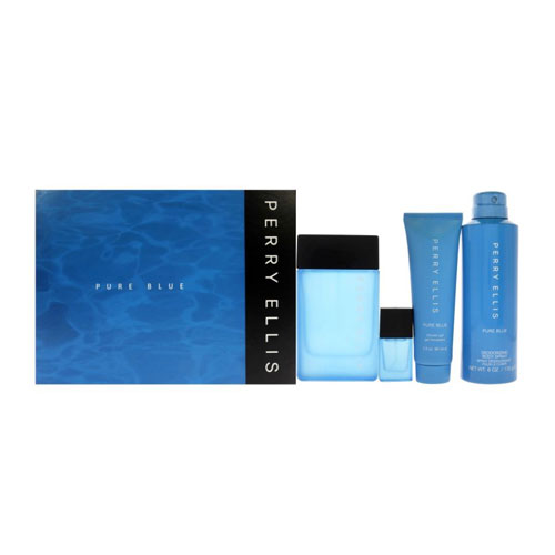 SET PERRY ELLIS PURE BLUE MEN (4PC) 3.4 OZ EDT SP / 3.0 OZ S/GEL /  6.0 OZ DEO + MINI