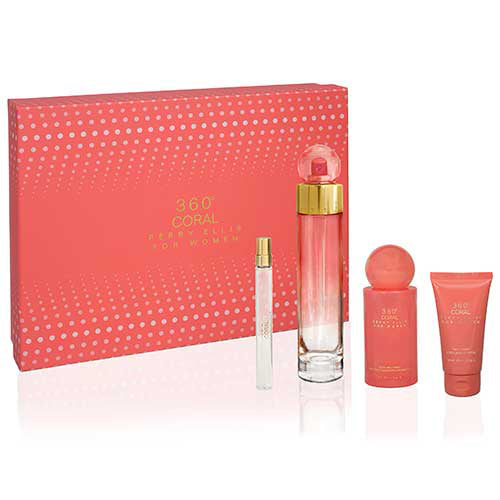 SET PERRY ELLIS 360 CORAL WOMAN ( 4 PC SET ) .4 OZ EDP + 4.0 OZ MIST + 3.0 OZ S/GEL + MINI