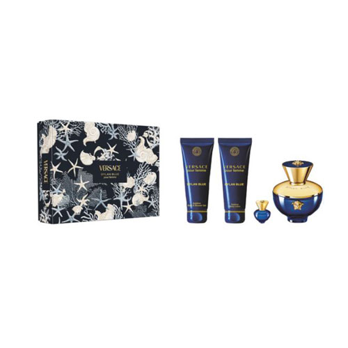 SET VERSACE DYLAN BLUE WOMEN ( 4 PC ) 3.4 OZ EDP SP / 0.17 OZ EDP SP / 3.4 OZ SHOWER GEL / 3.4 OZBODY LOTION